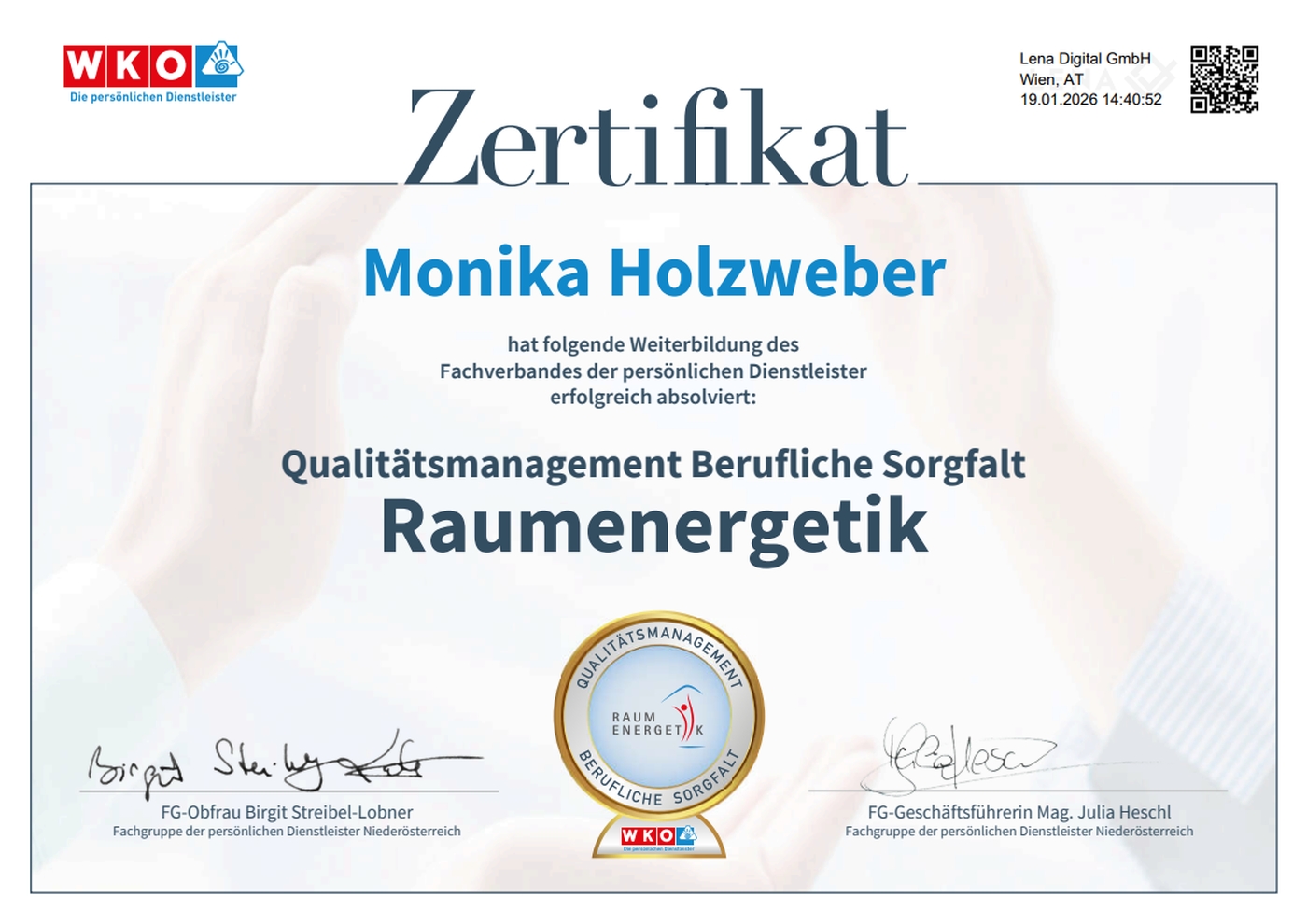 WKO Zertifikat für Raumenergetik